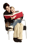 Image of parent sitting with child on knee reading a book together